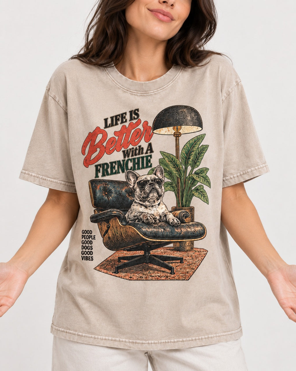 Better with a Frenchie Washed Tee in Apricot, worn by a model, front view