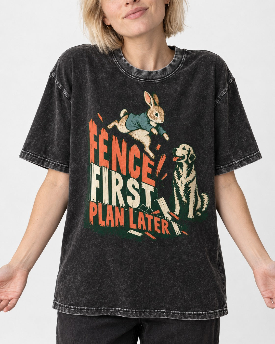 Golden Retriever Fence First Plan Later Rabbit Jump Graphic Washed Tee in Black, worn by a model, front view