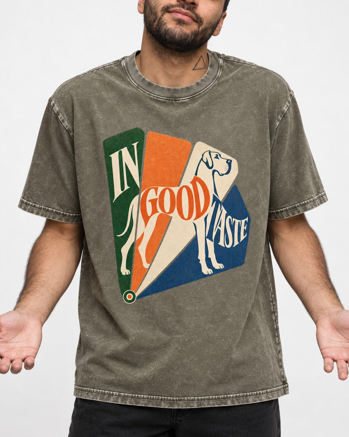 Great Dane In Good Taste Color Fan Graphic Washed Tee in Army Green, worn by a model, front view