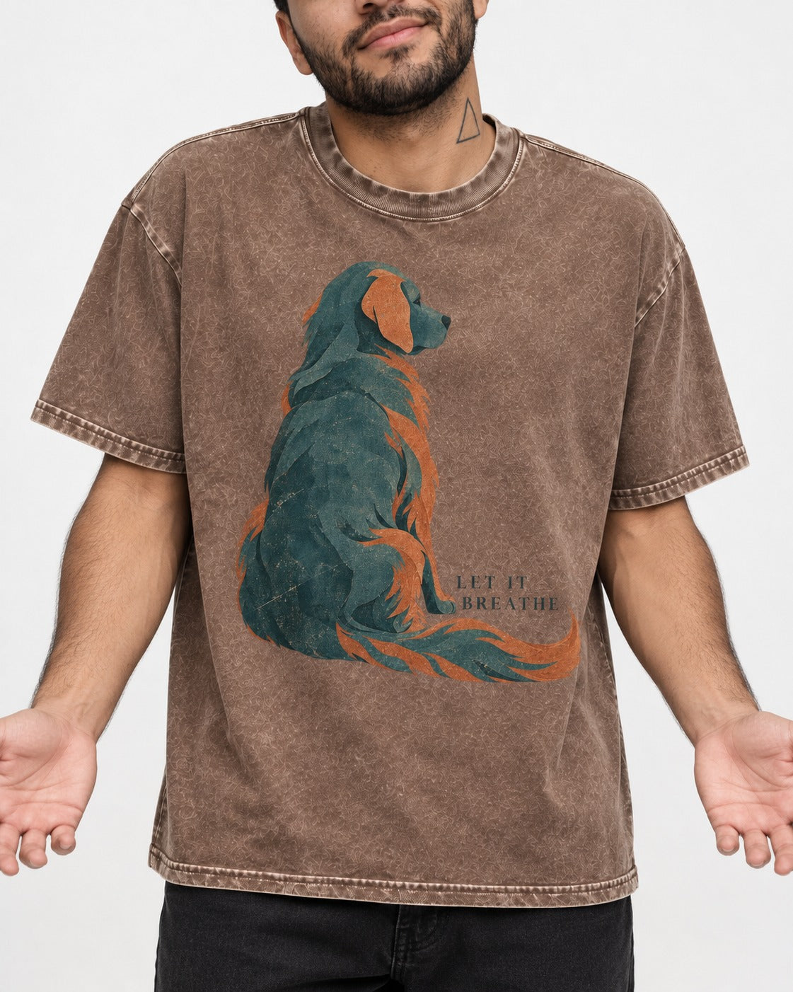 Let It Breathe Golden Retriever Washed Tee in Coffee, worn by a model, front view