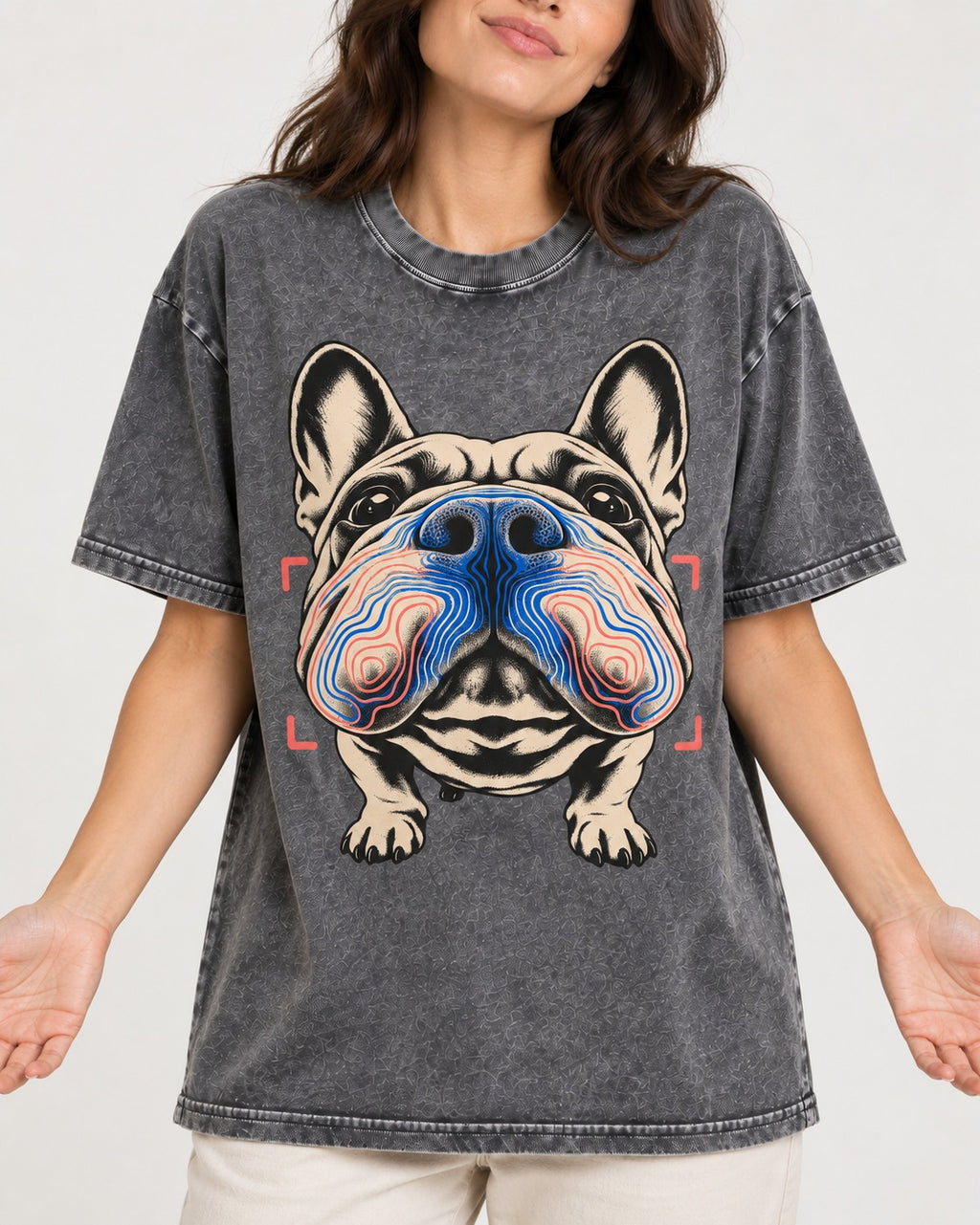 Frenchie Nose Topography Graphic Washed Tee in Gray, worn by a model, front view