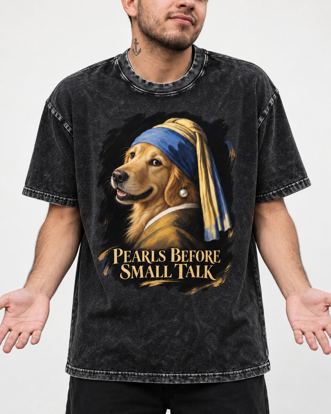 Pearls Before Small Talk Pearl Portrait Golden Retriever Graphic Washed Tee in Black, worn by a model, front view