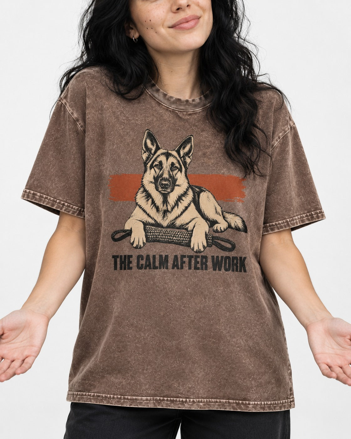 German Shepherd Dog The Calm After Work Washed Tee in Coffee, worn by a model, front view