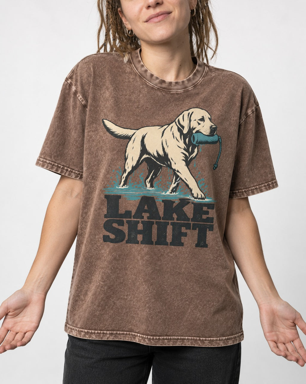 Lake Shift Labrador Retriever Washed Tee in Coffee, worn by a model, front view