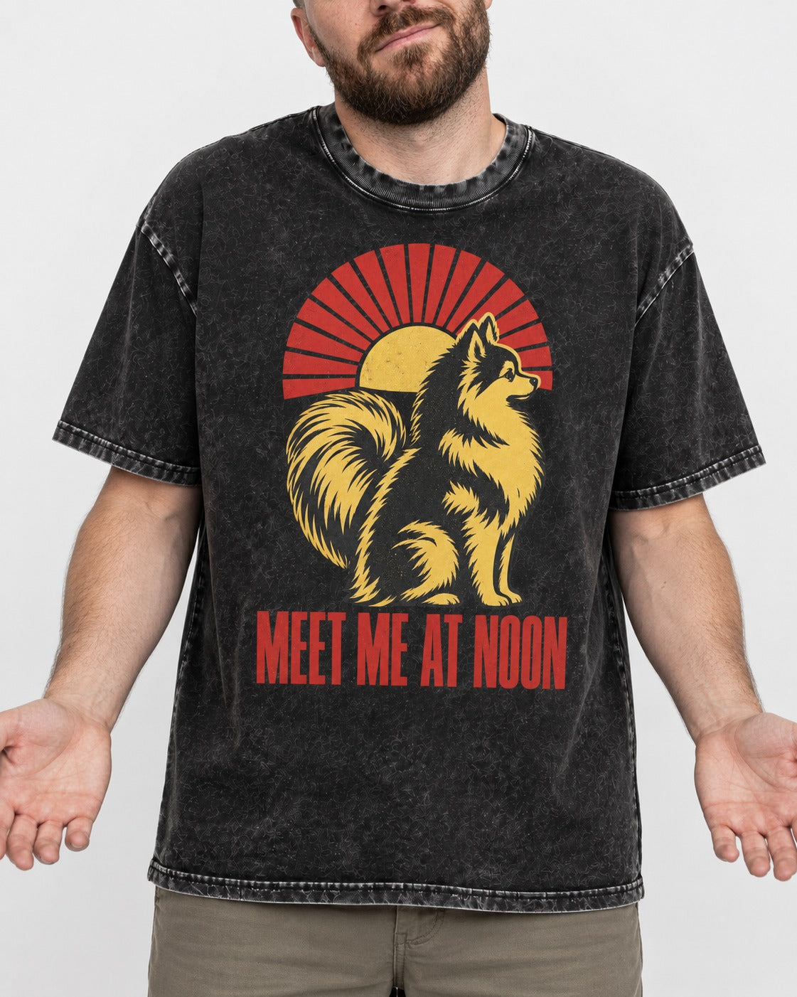 Pomeranian Meet Me at Noon Sunburst Graphic Washed Tee in Black, worn by a model, front view