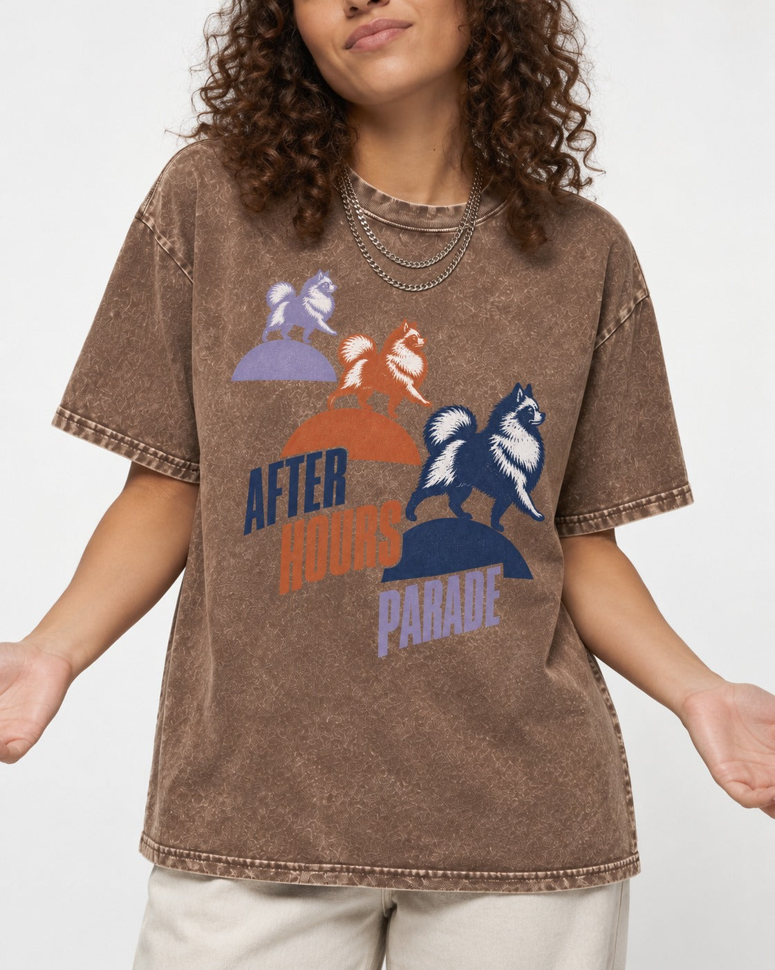 Pomeranian After Hours Parade Washed Tee in Coffee, worn by a model, front view