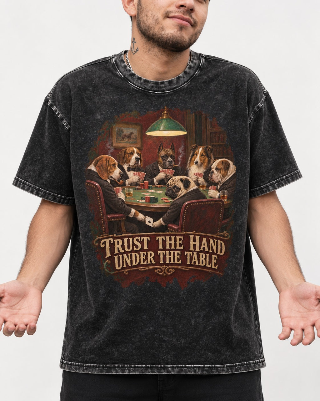 Pug Trust the Hand Under the Table Poker Graphic Washed Tee in Black, worn by a model, front view