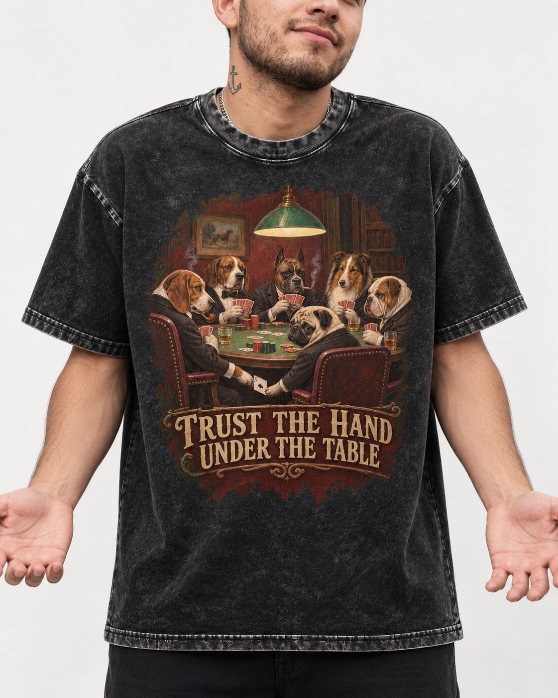 Pug Trust the Hand Under the Table Poker Graphic Washed Tee in Black, worn by a model, front view