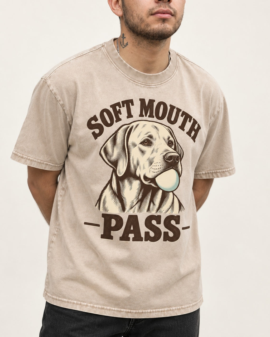 Soft Mouth Pass Labrador Retriever Washed Tee in Apricot, worn by a model, front view