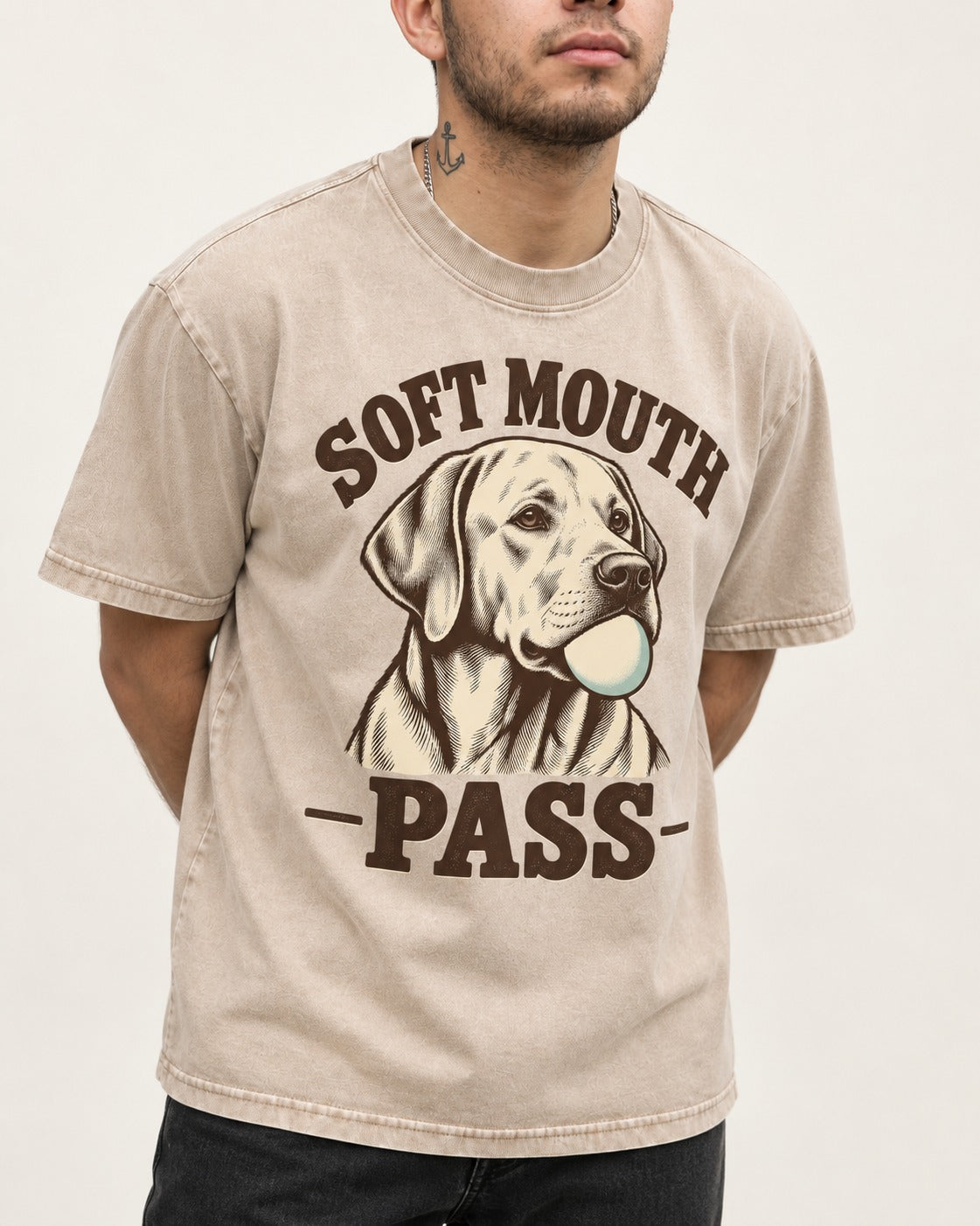 Soft Mouth Pass Labrador Retriever Washed Tee in Apricot, worn by a model, front view