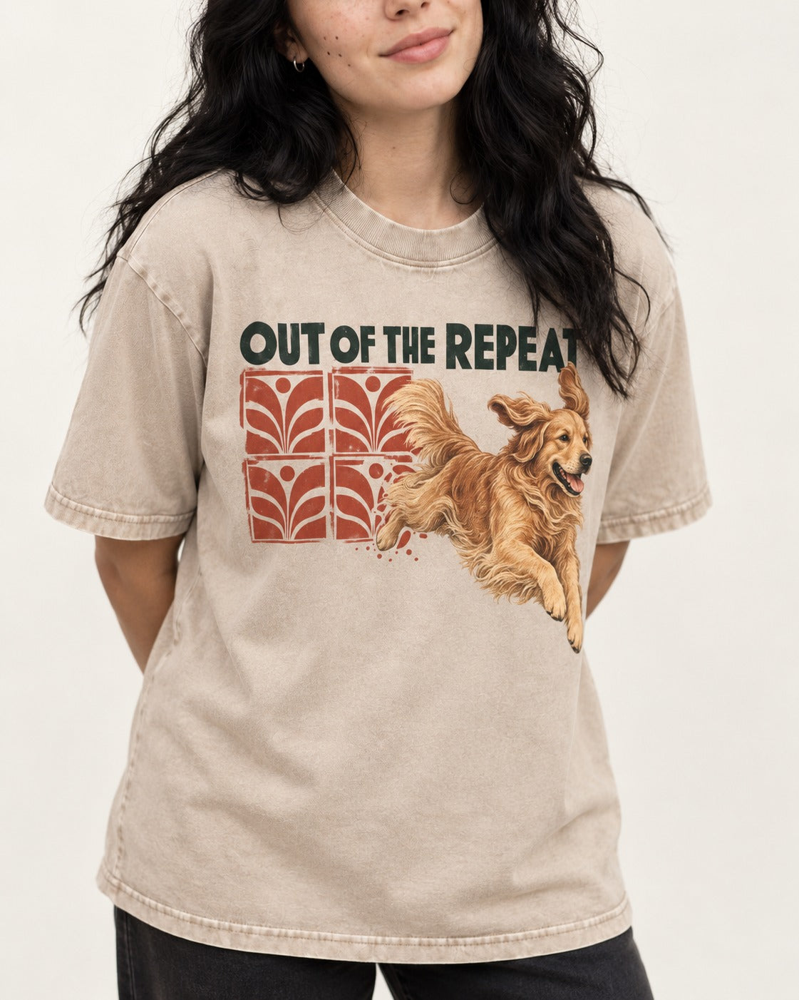 Golden Retriever Out of the Repeat Washed Tee in Apricot, worn by a model, front view