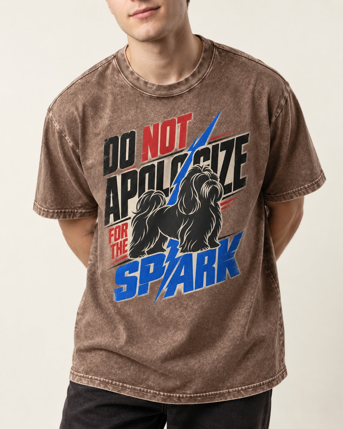 Never Apologize for Shih Tzu Spark Washed Tee in Coffee, worn by a model, front view