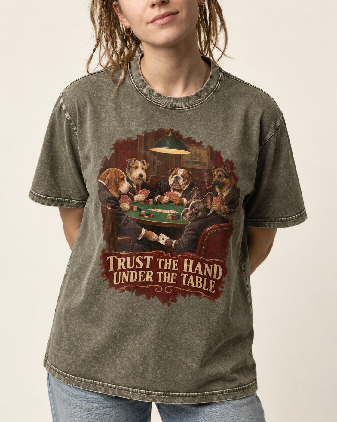 Frenchie Trust the Hand Under the Table Poker Dogs Graphic Washed Tee in Army Green, worn by a model, front view