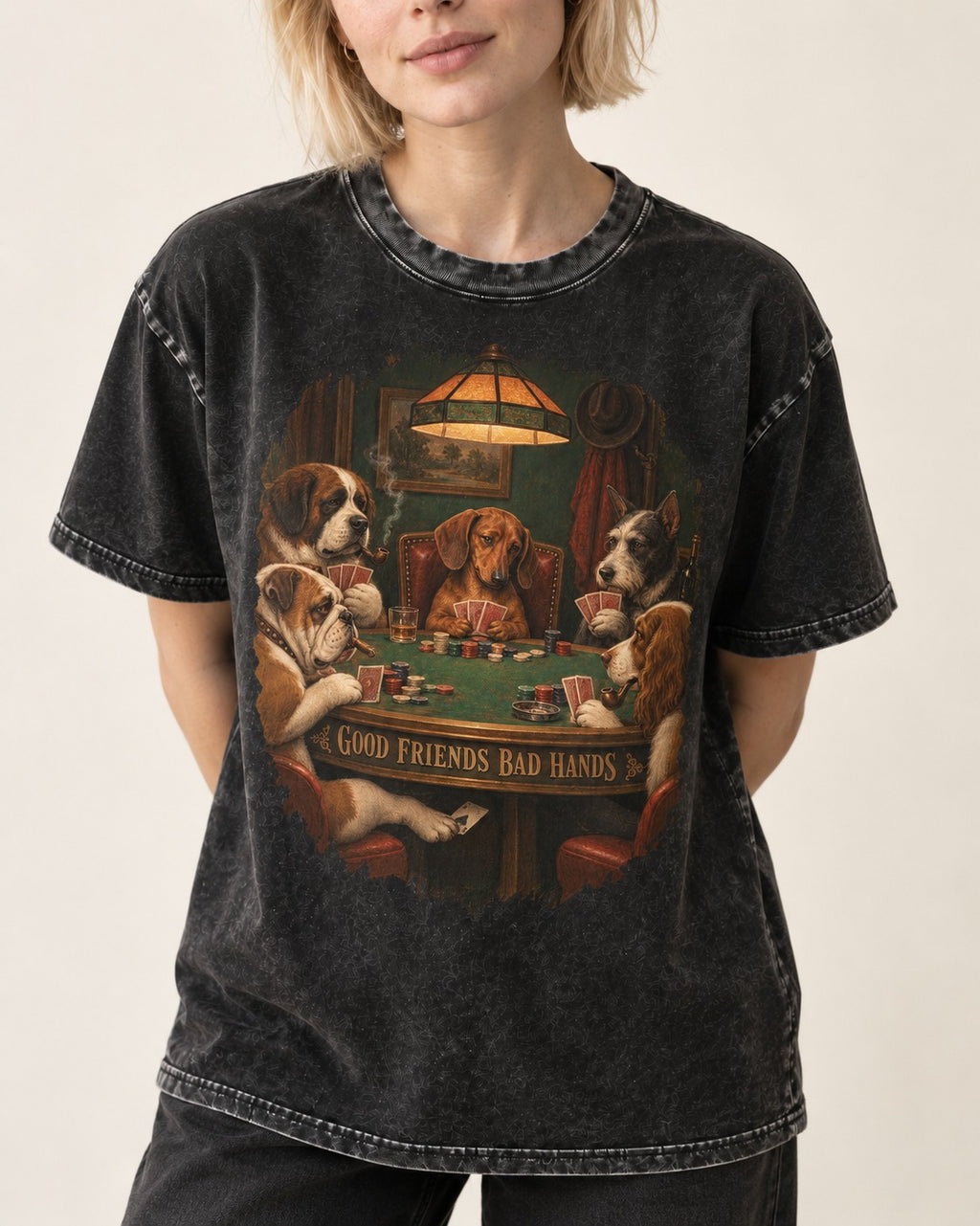 Dachshund Good Friends Bad Hands Poker Scene Washed Tee in Black, worn by a model, front view