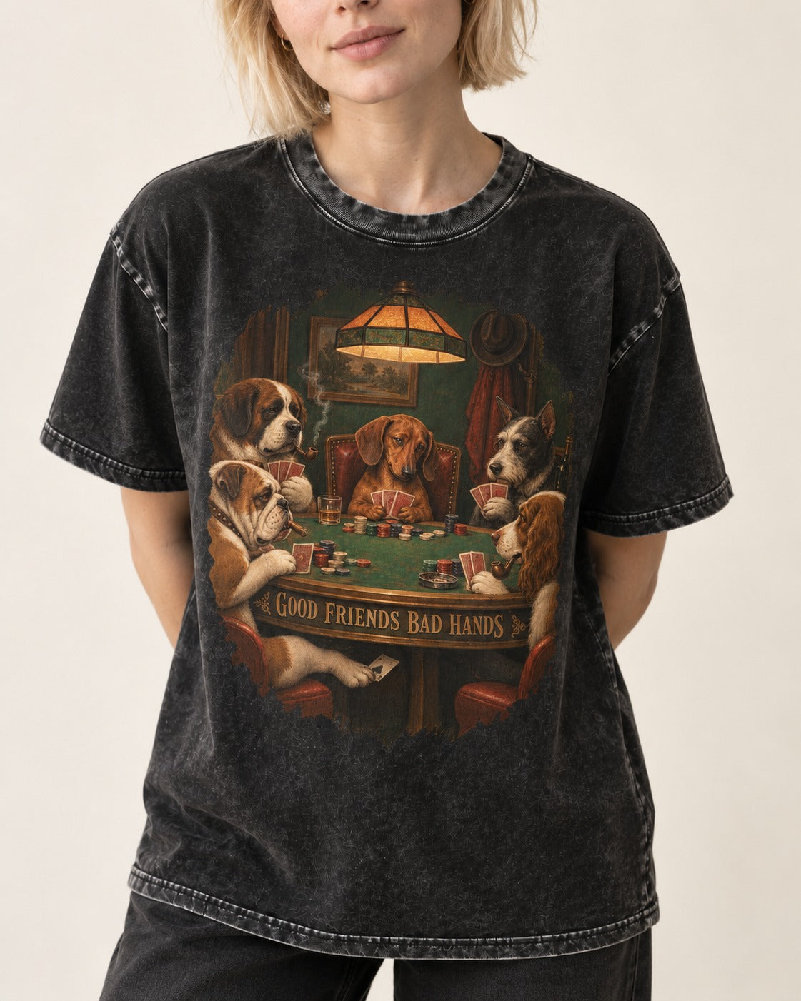 Dachshund Good Friends Bad Hands Poker Scene Washed Tee in Black, worn by a model, front view