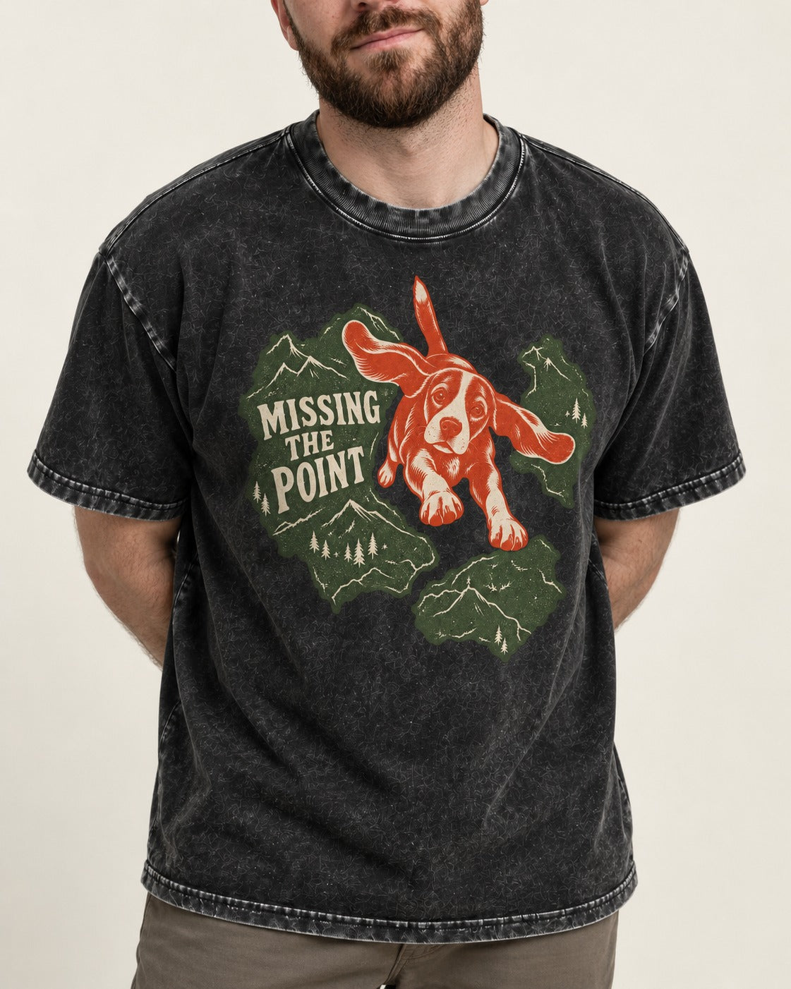 Missing The Point Beagle Trail Washed Tee in Black, worn by a model, front view