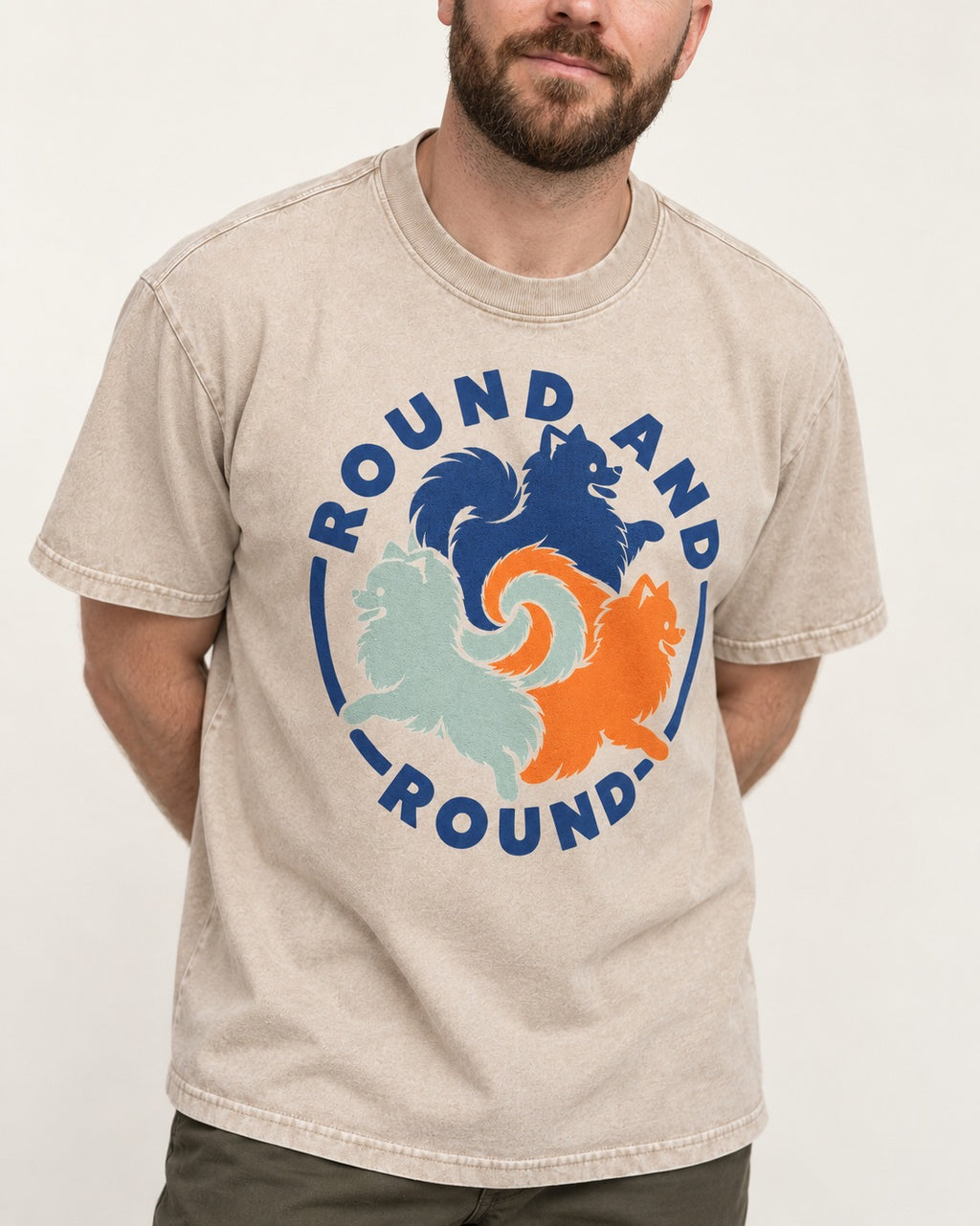 Pomeranian Round and Round Washed Tee in Apricot, worn by a model, front view