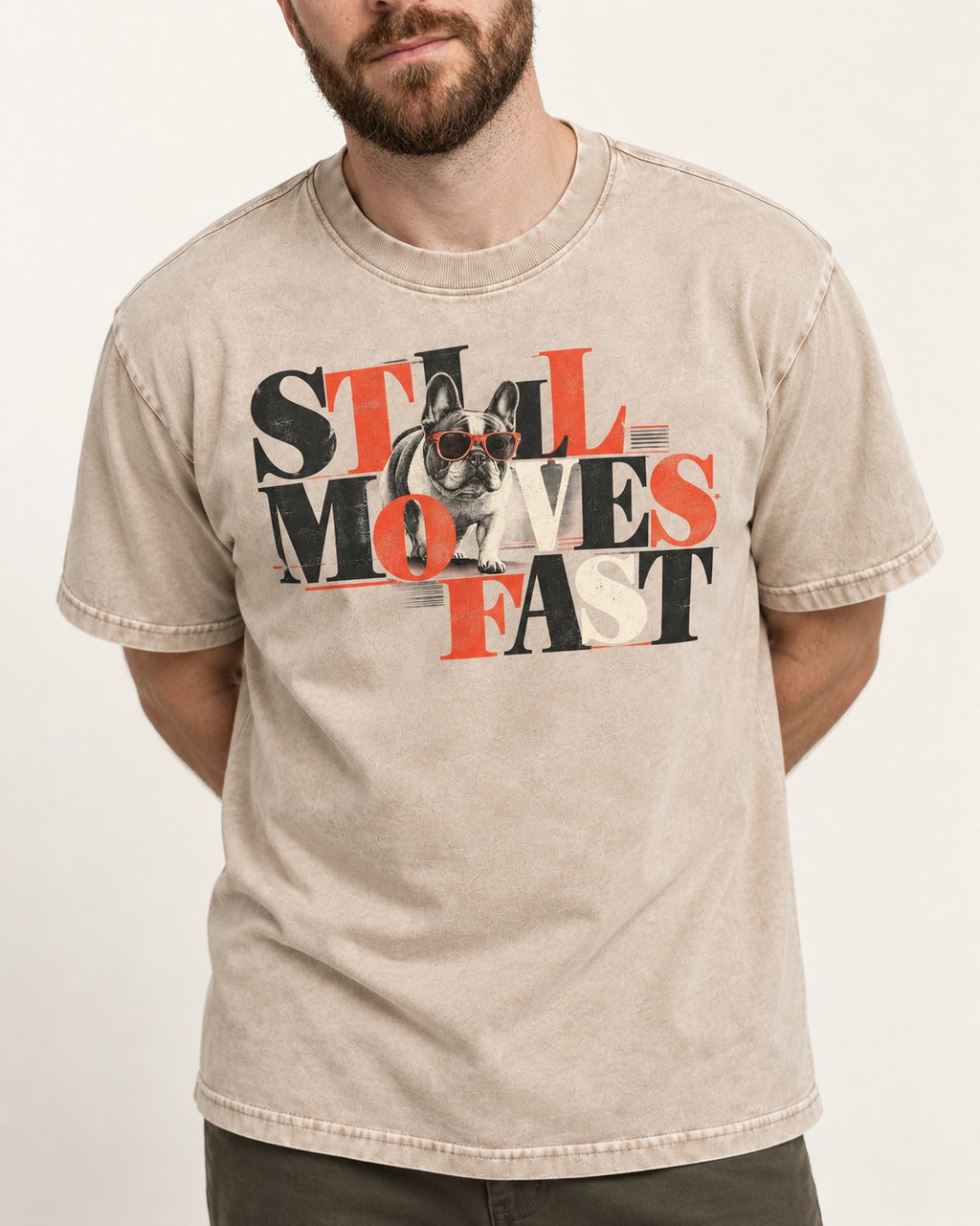 Frenchie Still Moves Fast Washed Tee in Apricot, worn by a model, front view