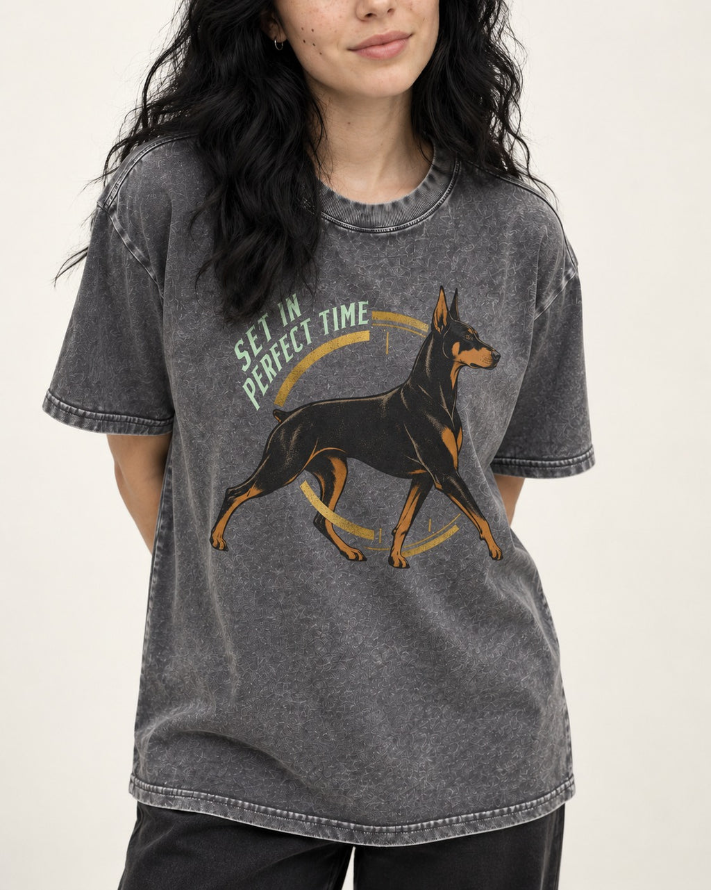 Doberman Set in Perfect Time Clock Stride Graphic Washed Tee in Gray, worn by a model, front view