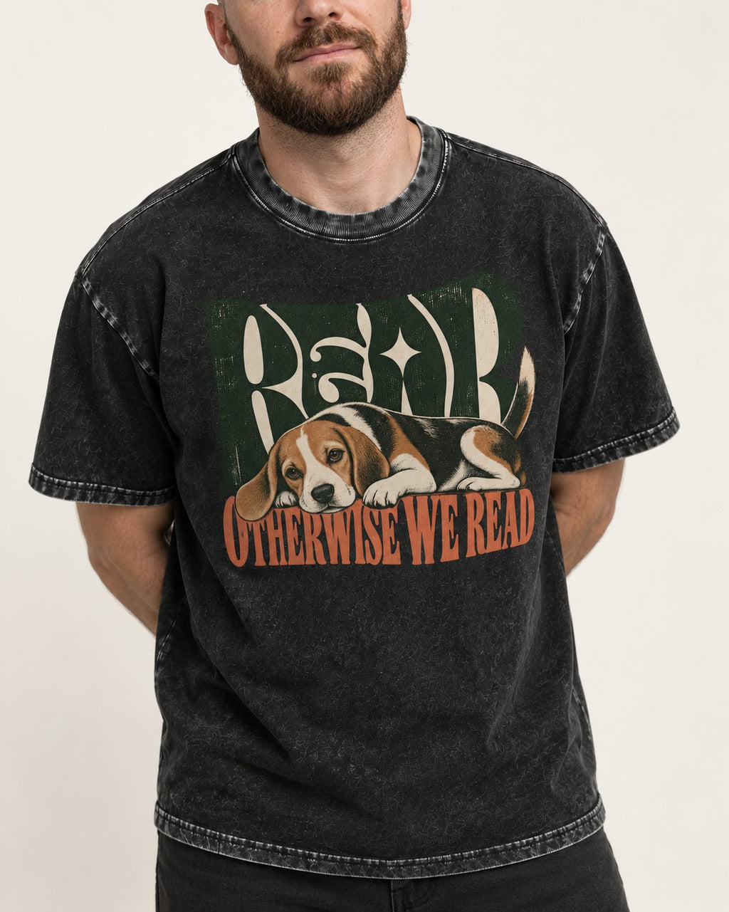 Beagle Read Otherwise We Read Retro Graphic Washed Tee in Black, worn by a model, front view
