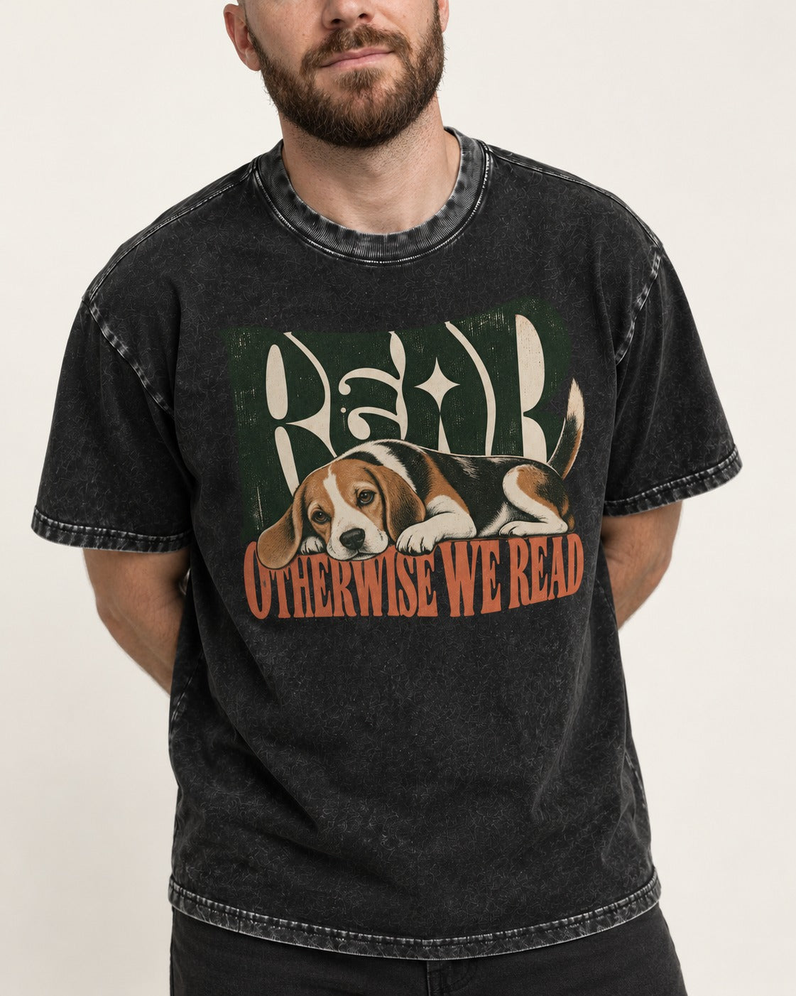 Beagle Read Otherwise We Read Retro Graphic Washed Tee in Black, worn by a model, front view