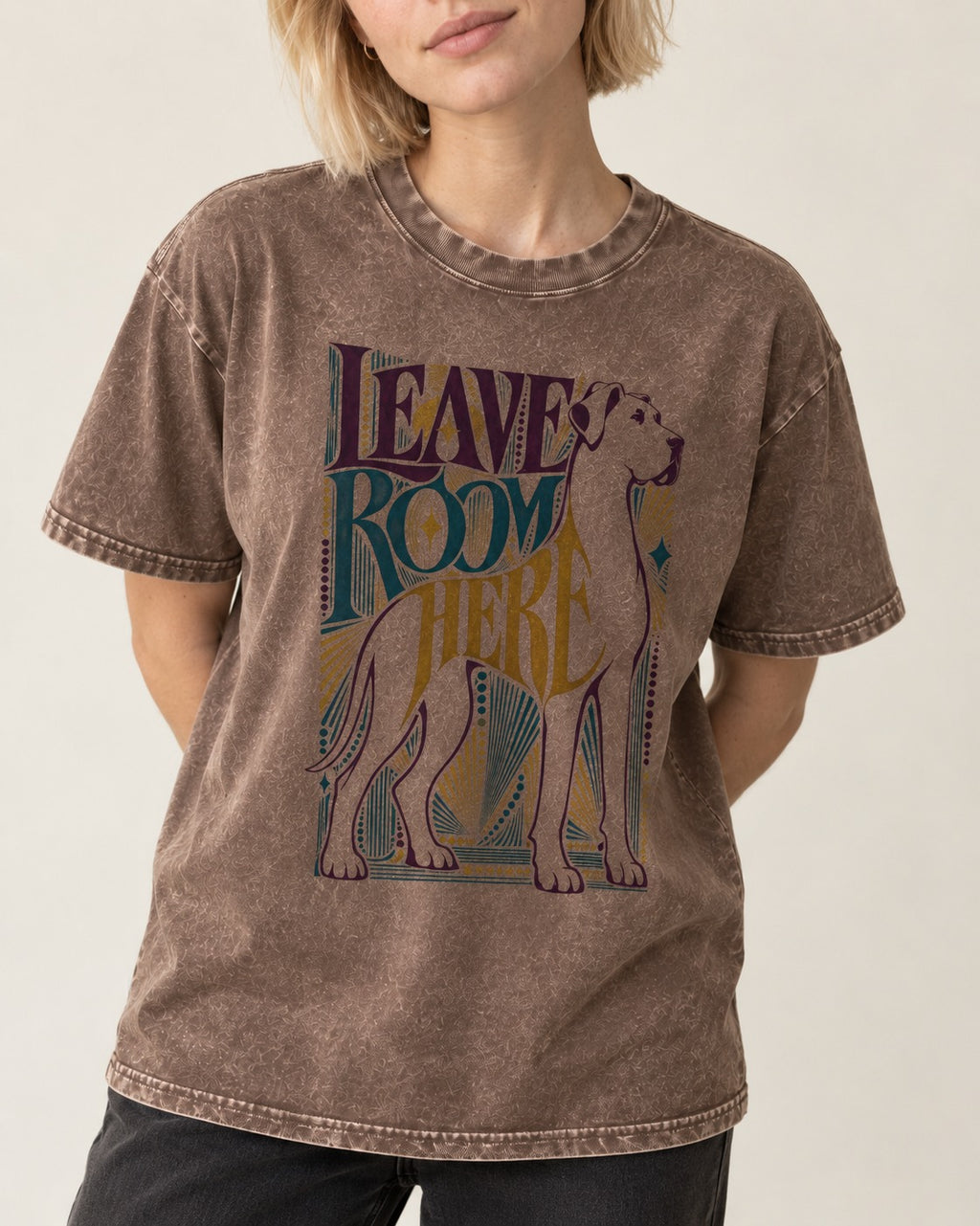Leave Room for Great Dane Washed Tee in Coffee, worn by a model, front view