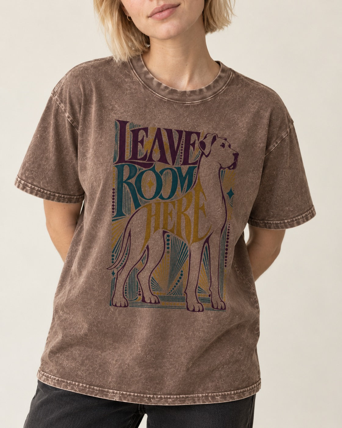 Leave Room for Great Dane Washed Tee in Coffee, worn by a model, front view