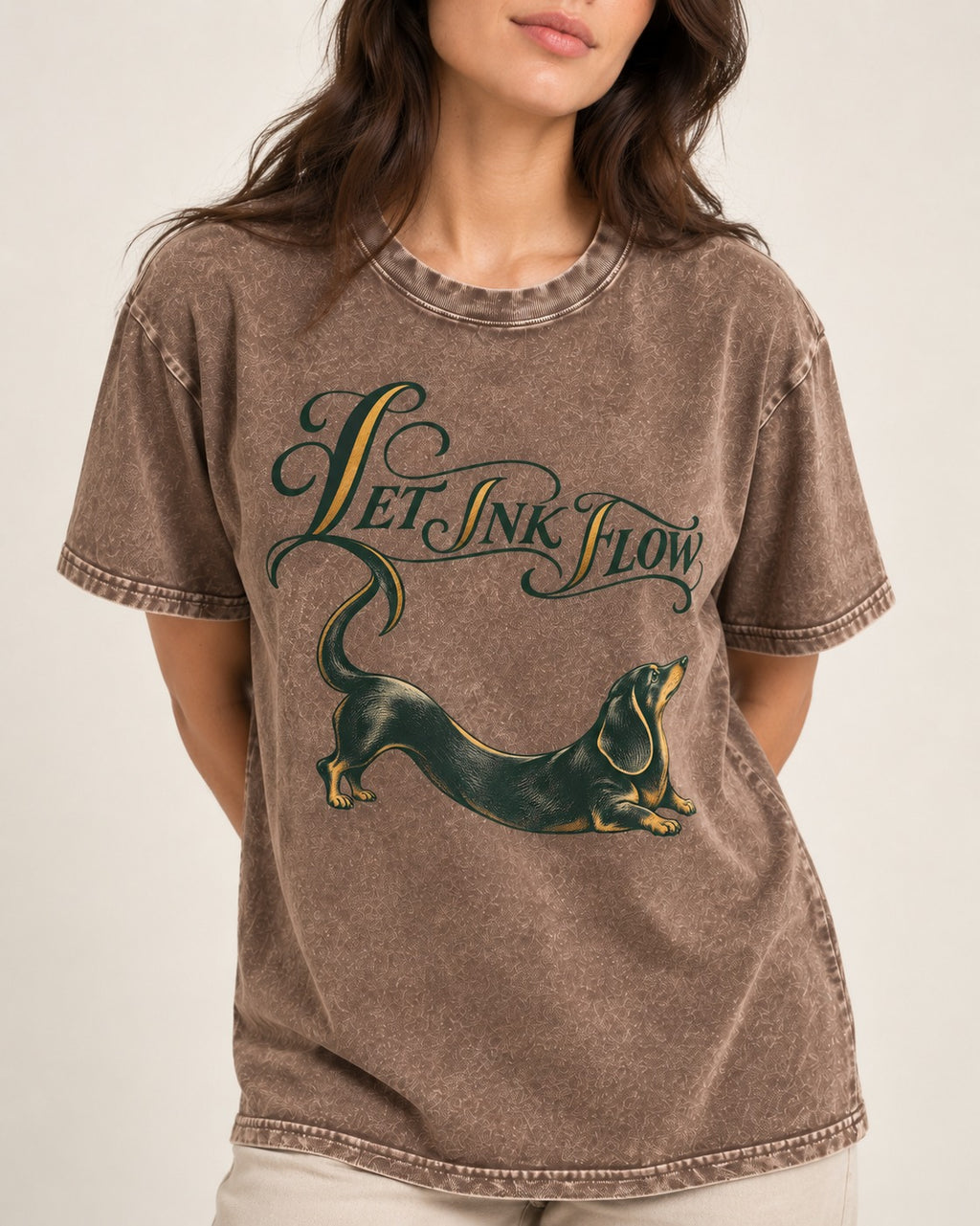 Let the Dachshund Ink Flow Washed Tee in Coffee, worn by a model, front view
