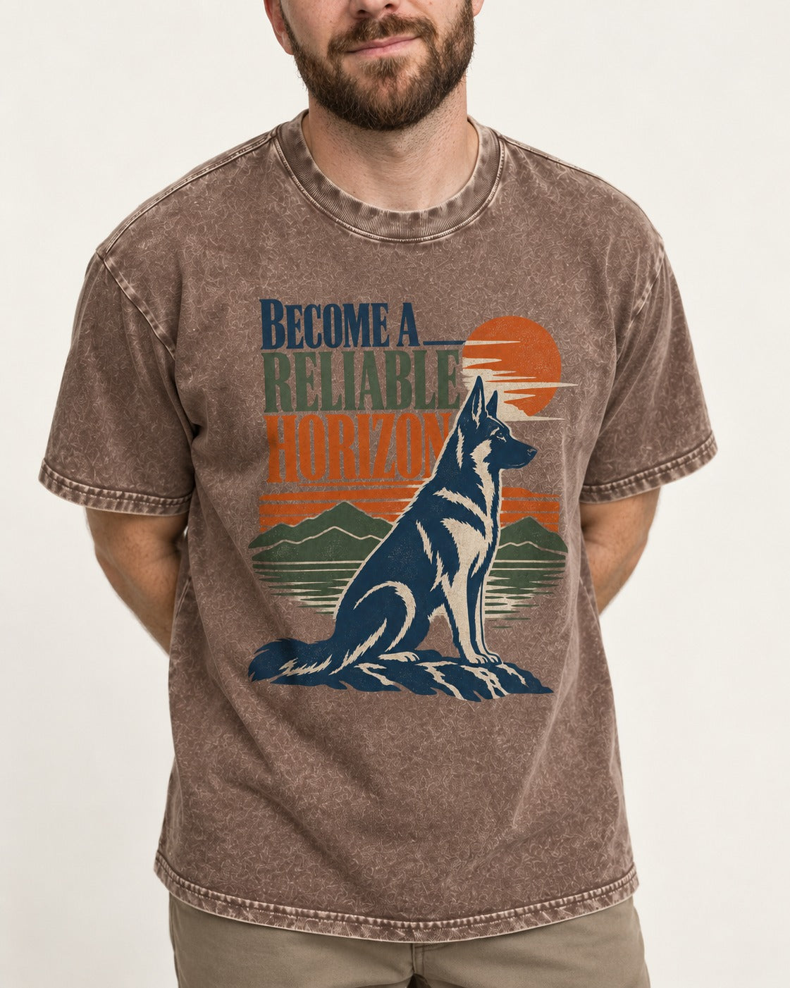 German Shepherd Dog Become a Reliable Horizon Washed Tee in Coffee, worn by a model, front view