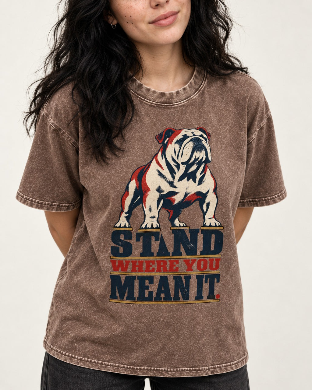 English Bulldog Stand Washed Tee in Coffee, worn by a model, front view