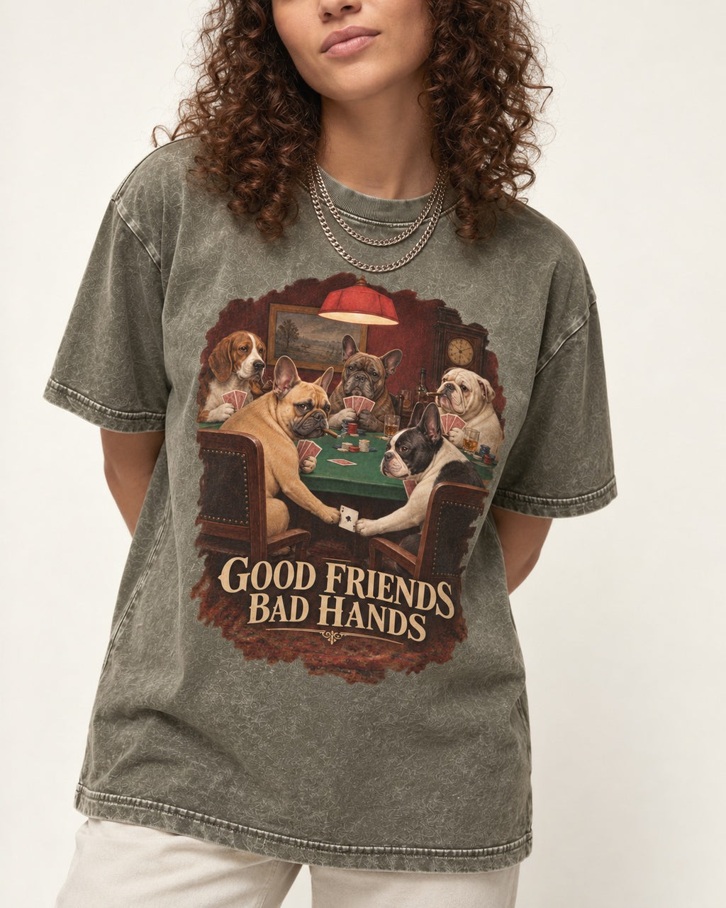 Frenchie Good Friends Bad Hands Poker Graphic Washed Tee in Army Green, worn by a model, front view