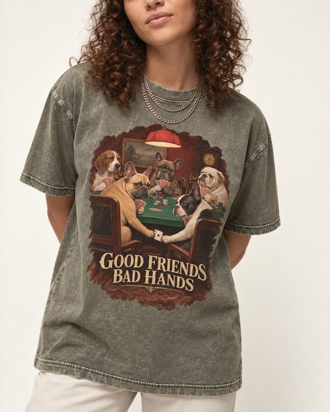 Frenchie Good Friends Bad Hands Poker Graphic Washed Tee in Army Green, worn by a model, front view