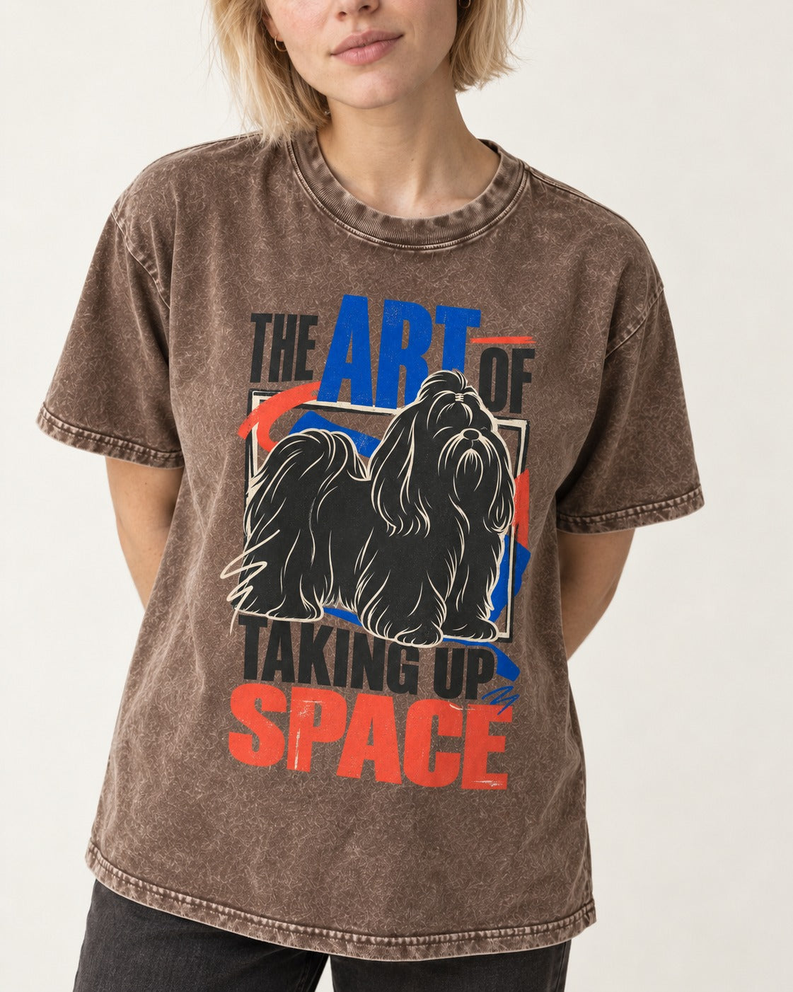 Shih Tzu Taking Up Space Washed Tee in Coffee, worn by a model, front view