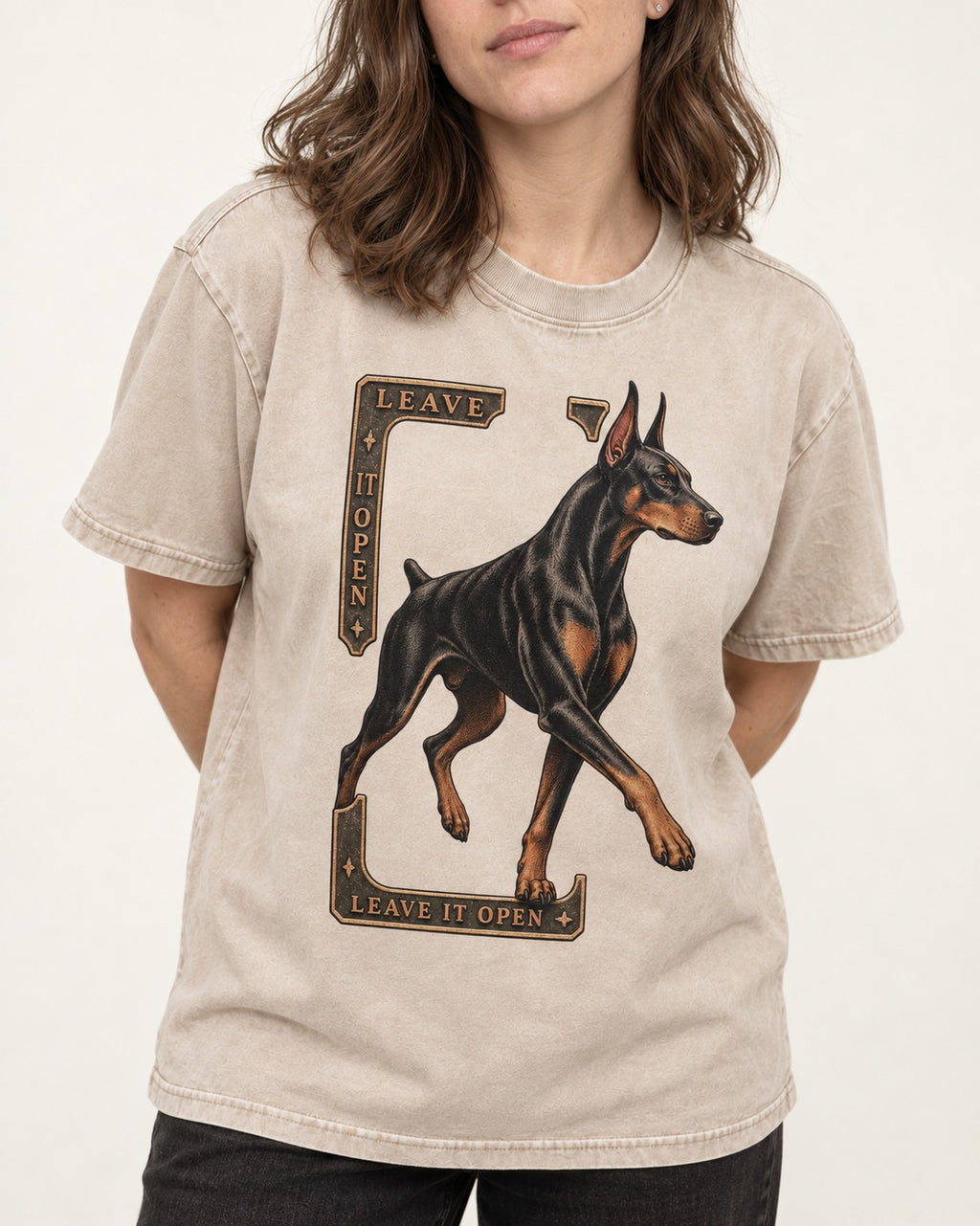 Leave It Open Doberman Washed Tee in Apricot, worn by a model, front view