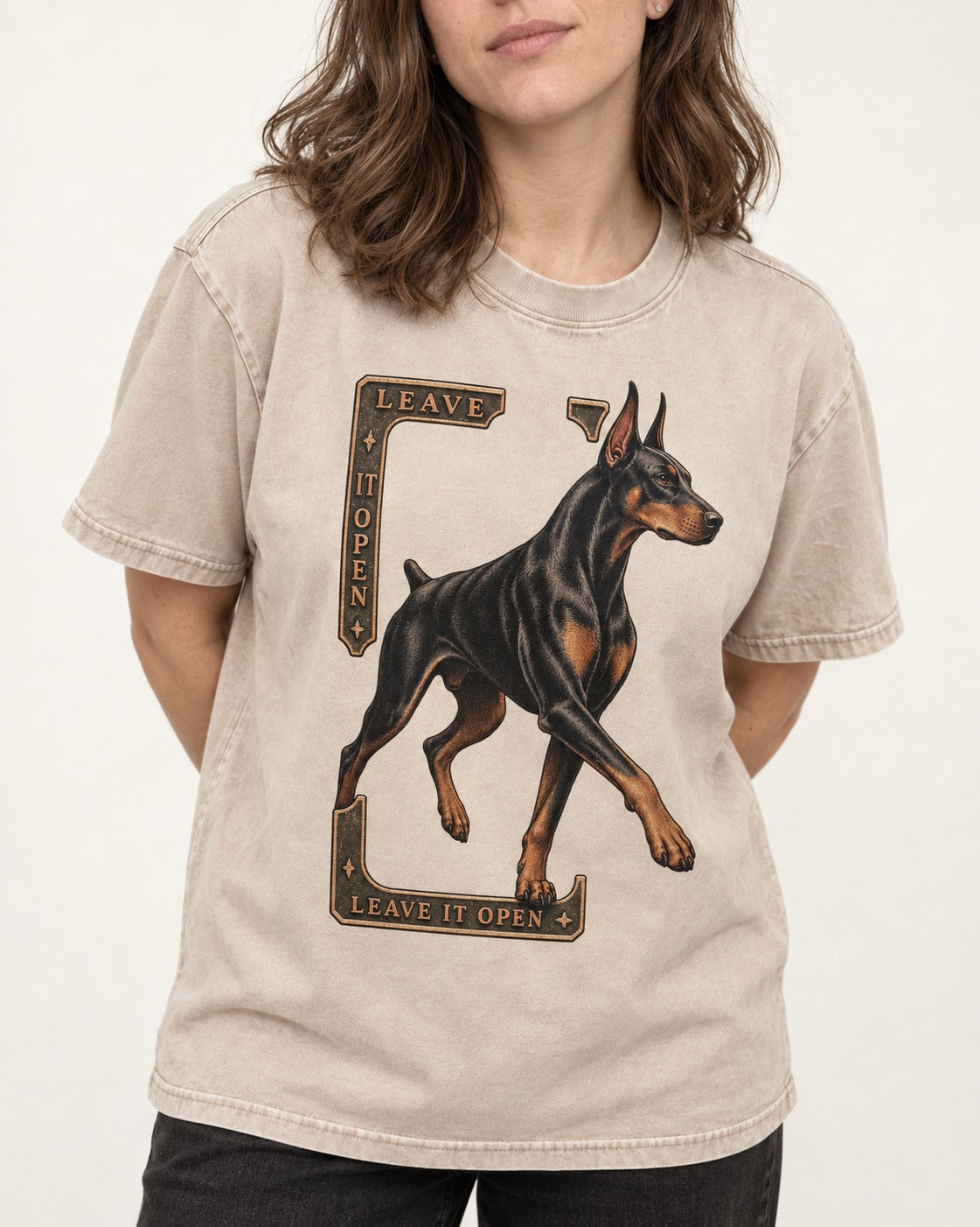 Leave It Open Doberman Washed Tee in Apricot, worn by a model, front view