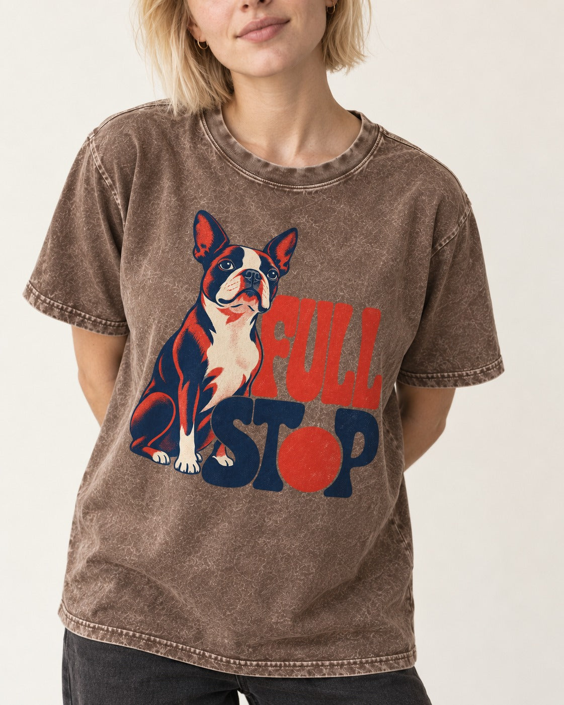 Full Stop for Boston Terrier Washed Tee in Coffee, worn by a model, front view