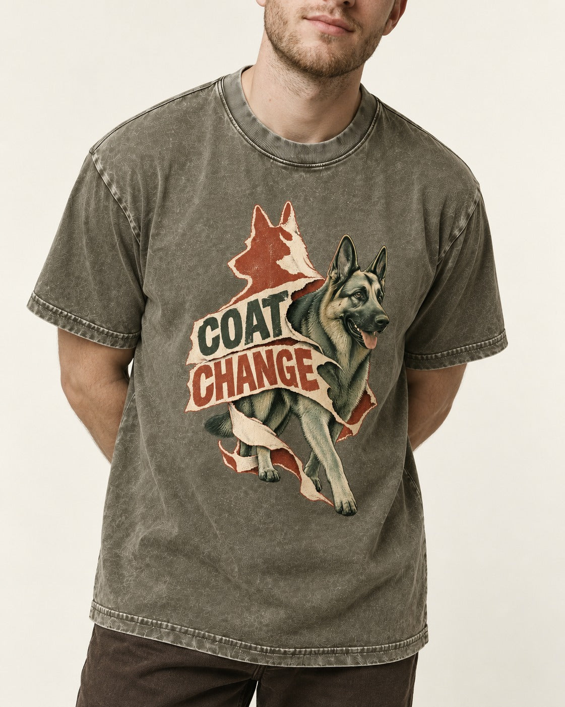 Coat Change Running German Shepherd Dog Ribbon Graphic Washed Tee in Army Green, worn by a model, front view
