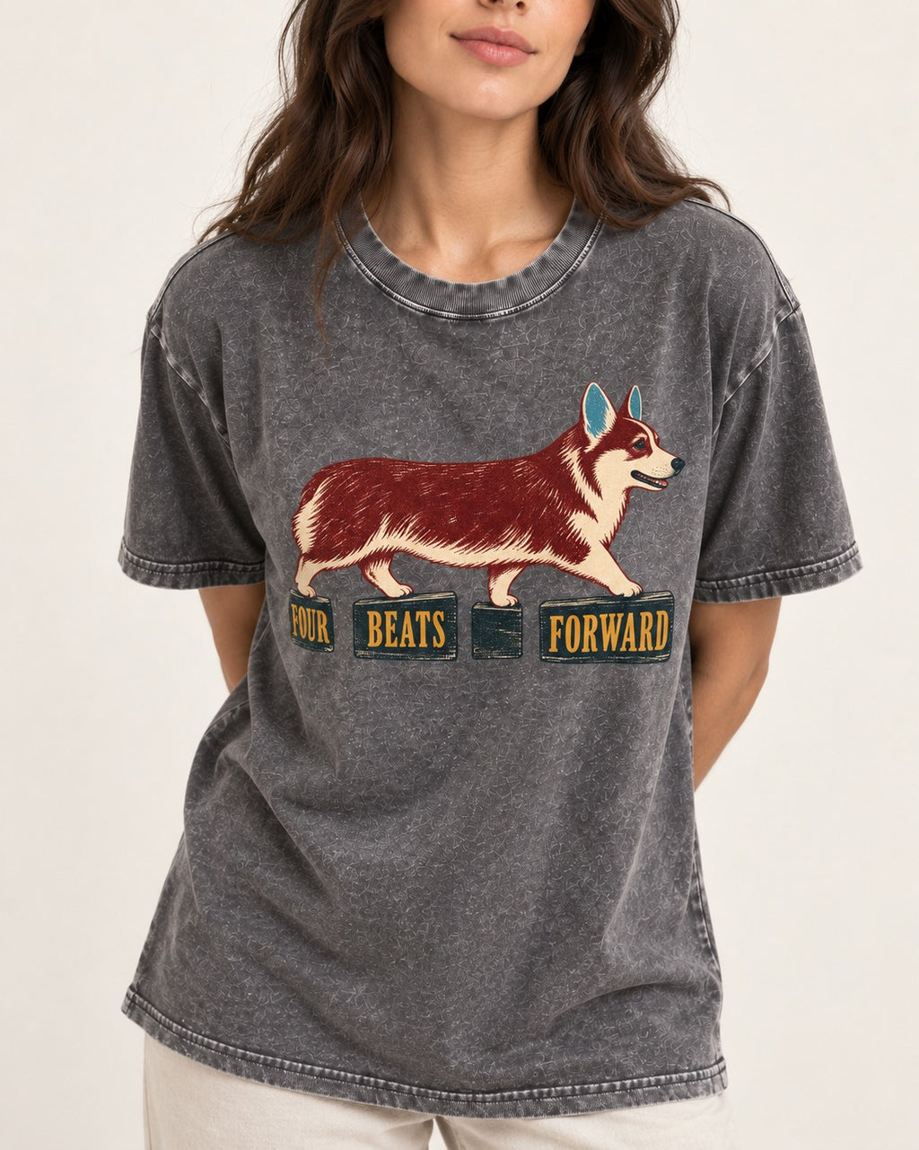 Corgi Four Beats Forward Washed Tee in Gray, worn by a model, front view