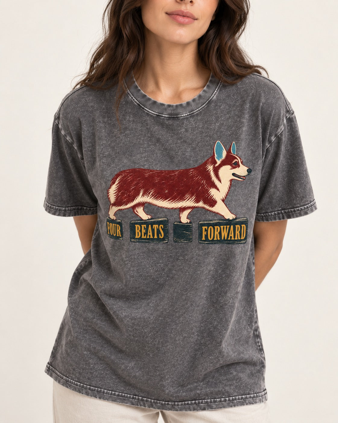Corgi Four Beats Forward Washed Tee in Gray, worn by a model, front view