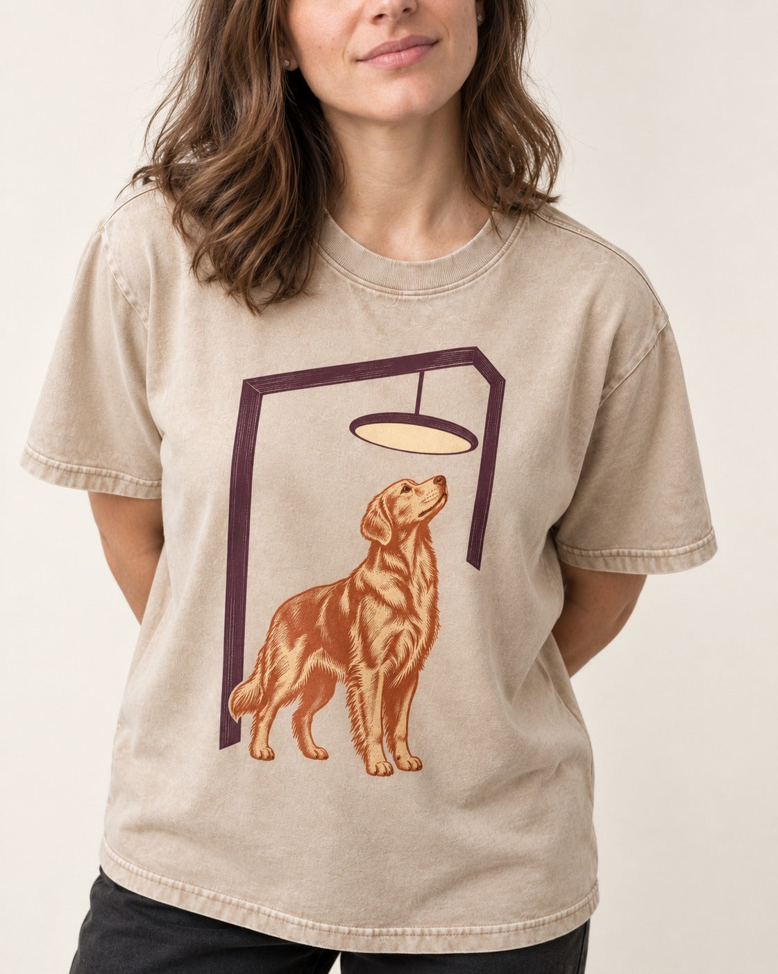Golden Retriever Bright Idea Washed Tee in Apricot, worn by a model, front view