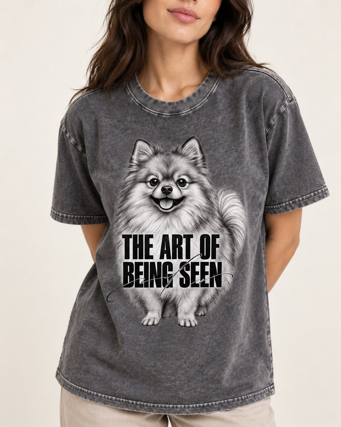 Pomeranian The Art of Being Seen Portrait Graphic Washed Tee in Gray, worn by a model, front view