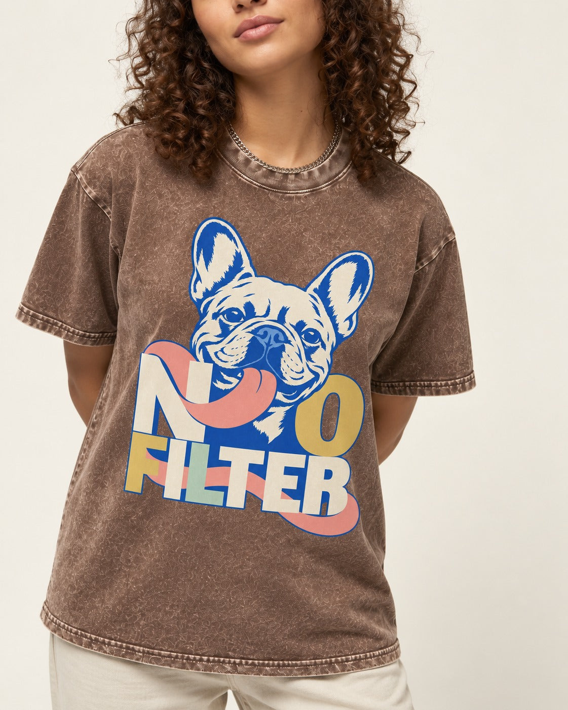 No Filter Frenchie Washed Tee in Coffee, worn by a model, front view