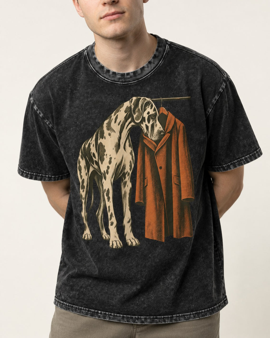 Great Dane Harlequin Coat Rack Overcoat Graphic Washed Tee in Black, worn by a model, front view