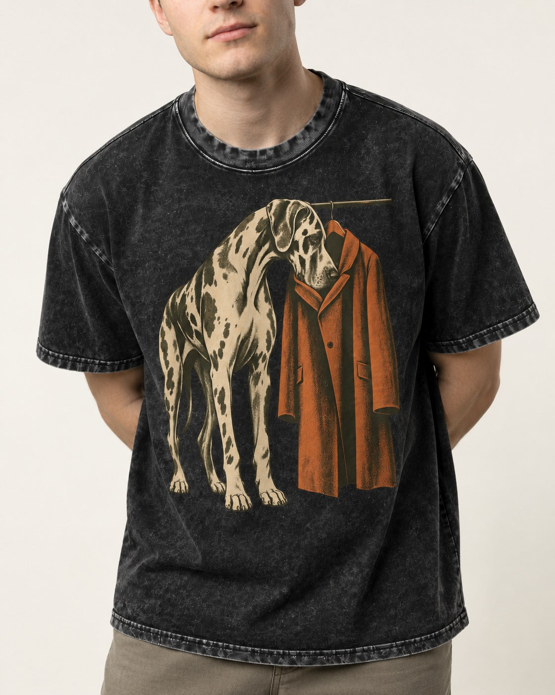 Great Dane Harlequin Coat Rack Overcoat Graphic Washed Tee in Black, worn by a model, front view