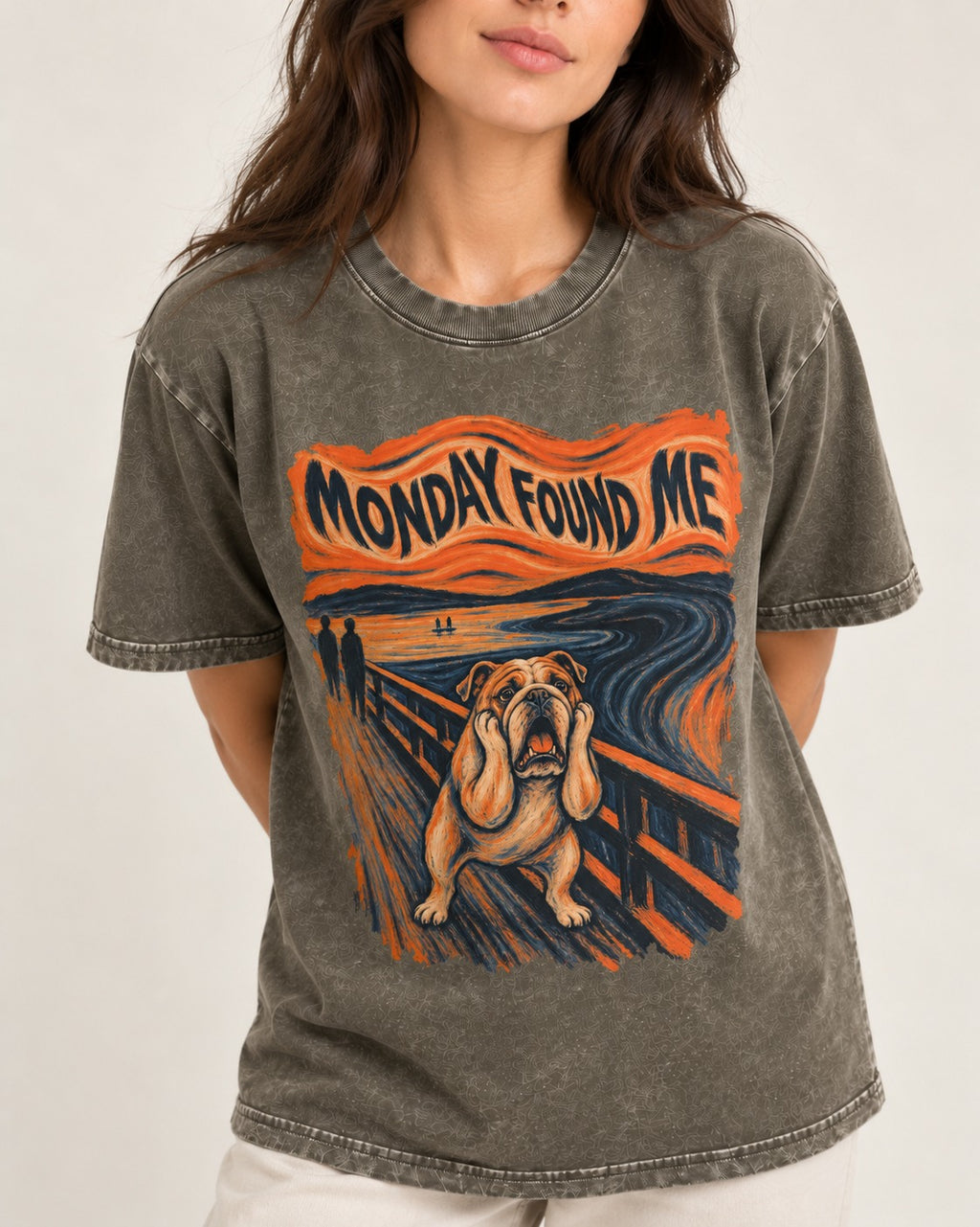 English Bulldog Monday Found Me Scream Graphic Washed Tee in Army Green, worn by a model, front view