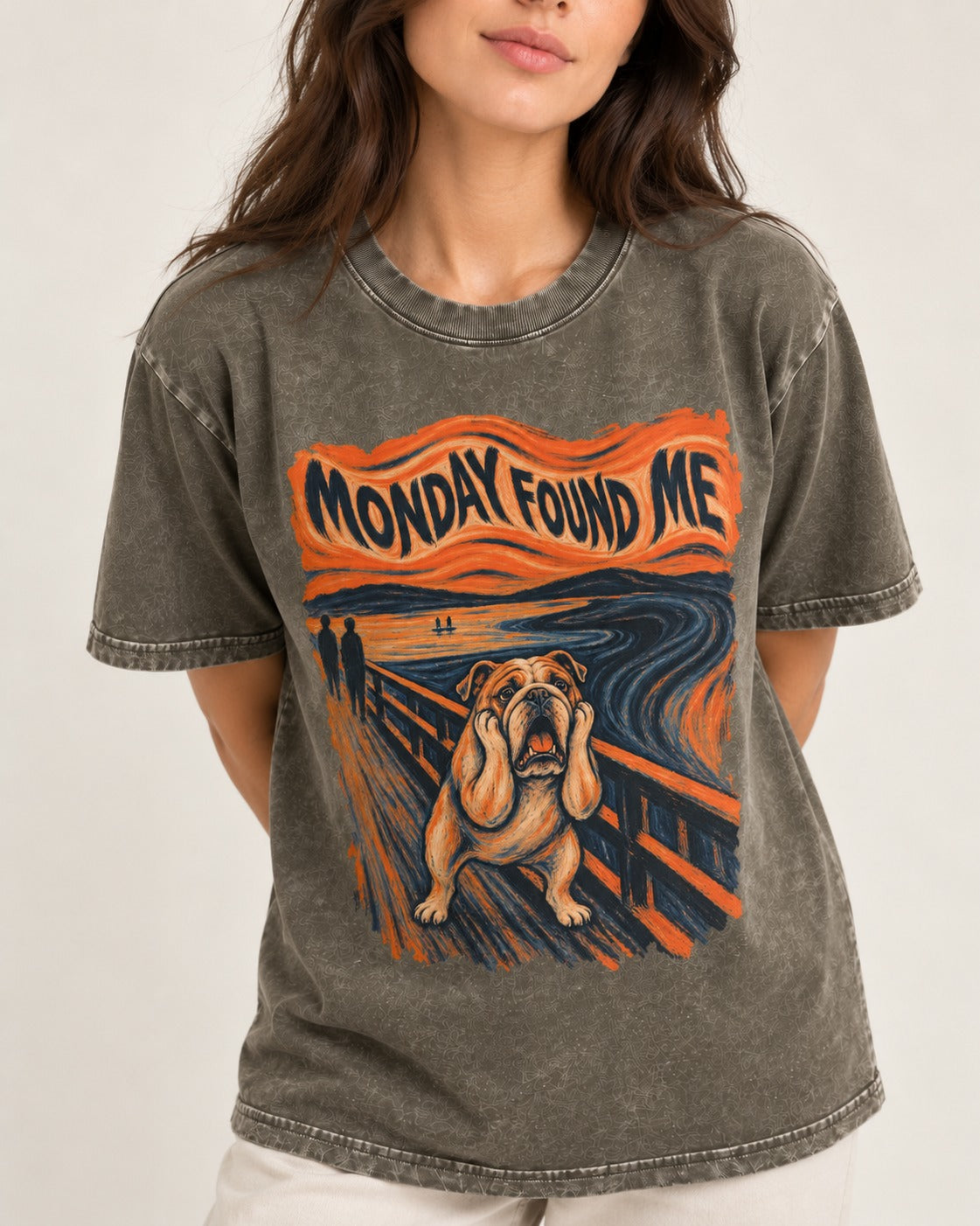 English Bulldog Monday Found Me Scream Graphic Washed Tee in Army Green, worn by a model, front view