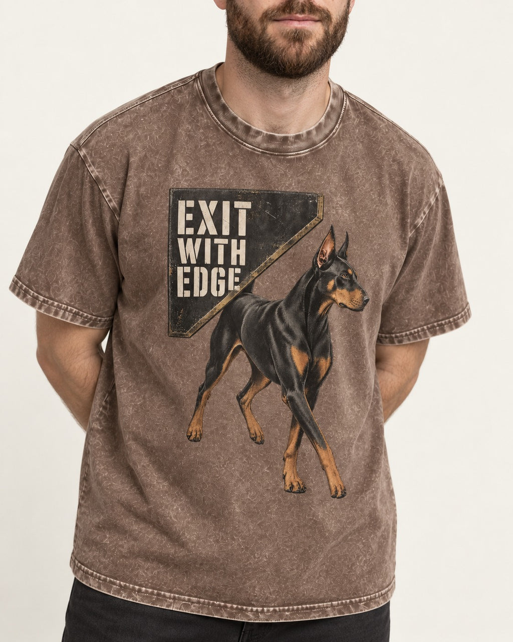 Exit with Doberman Edge Washed Tee in Coffee, worn by a model, front view