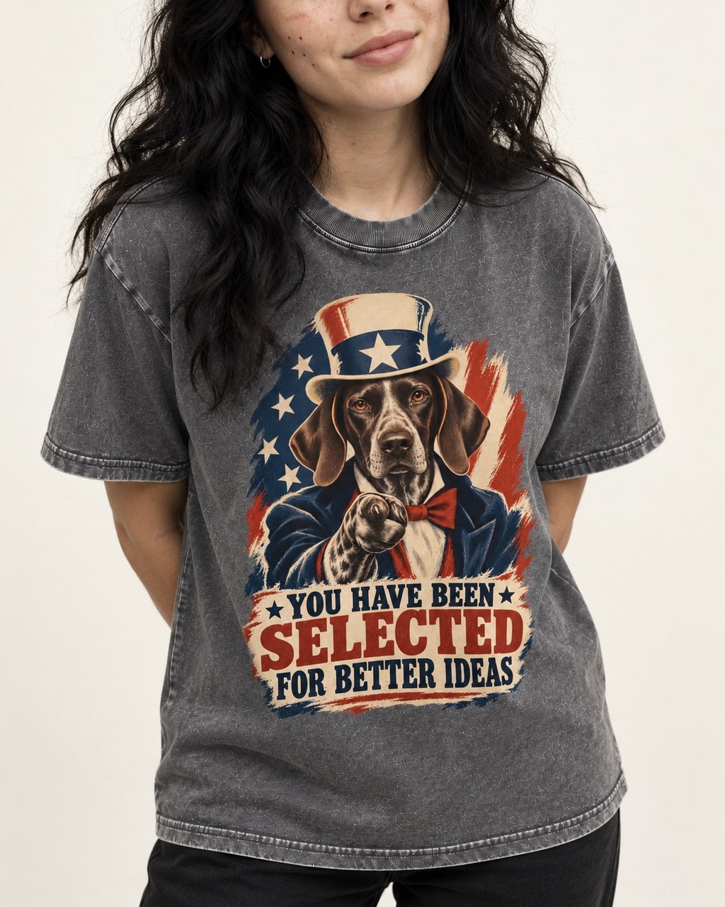 German Shorthaired Pointer You Have Been Selected For Better Ideas Uncle Sam Graphic Washed Tee in Gray, worn by a model, front view