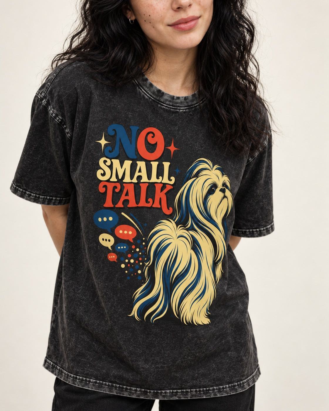 Shih Tzu No Small Talk Speech Bubble Graphic Washed Tee in Black, worn by a model, front view