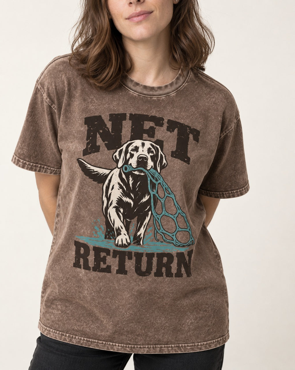 Net Return Labrador Retriever Washed Tee in Coffee, worn by a model, front view